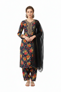 Indigo Mosaic: Artisanal Midnight Blue 3-Piece Lawn Suite with Tiered Ruffle Chiffon Dupatta