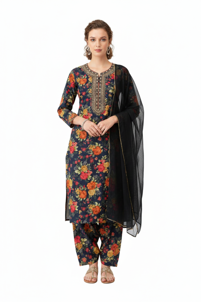 Indigo Mosaic: Artisanal Midnight Blue 3-Piece Lawn Suite with Tiered Ruffle Chiffon Dupatta