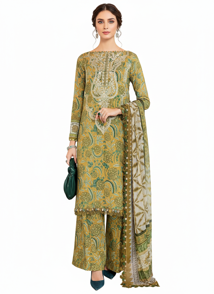 Emerald Moss Heritage Ensemble: 3-Piece Olive Botanical Luxe Suit with Wide-Leg Palazzos