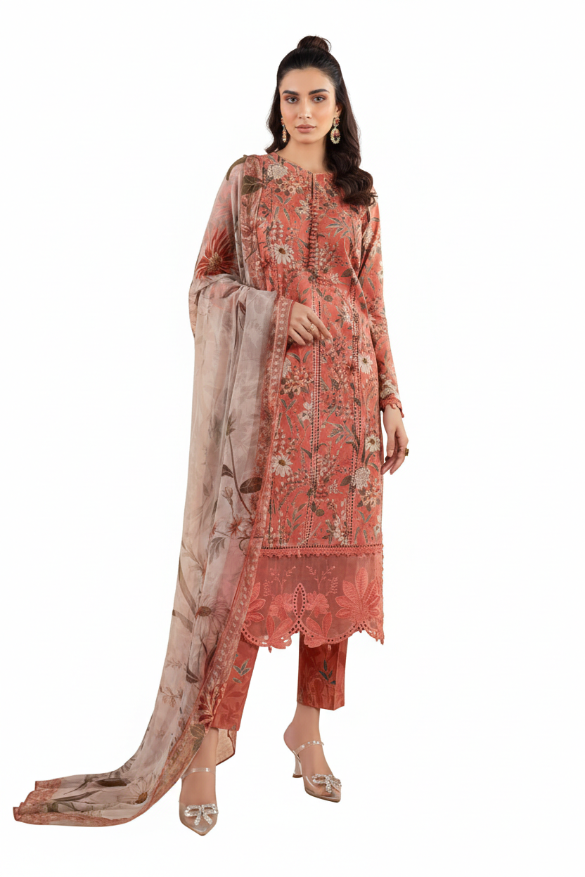 Terracotta Bloom: Hand-Crafted Floral Lawn 3-Piece Suite with Digital Printed Silk Dupatta