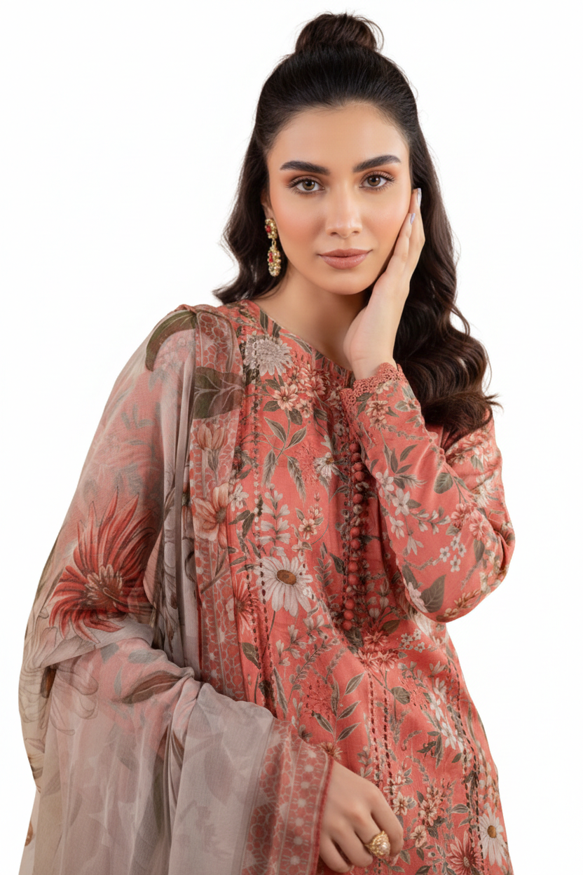 Terracotta Bloom: Hand-Crafted Floral Lawn 3-Piece Suite with Digital Printed Silk Dupatta
