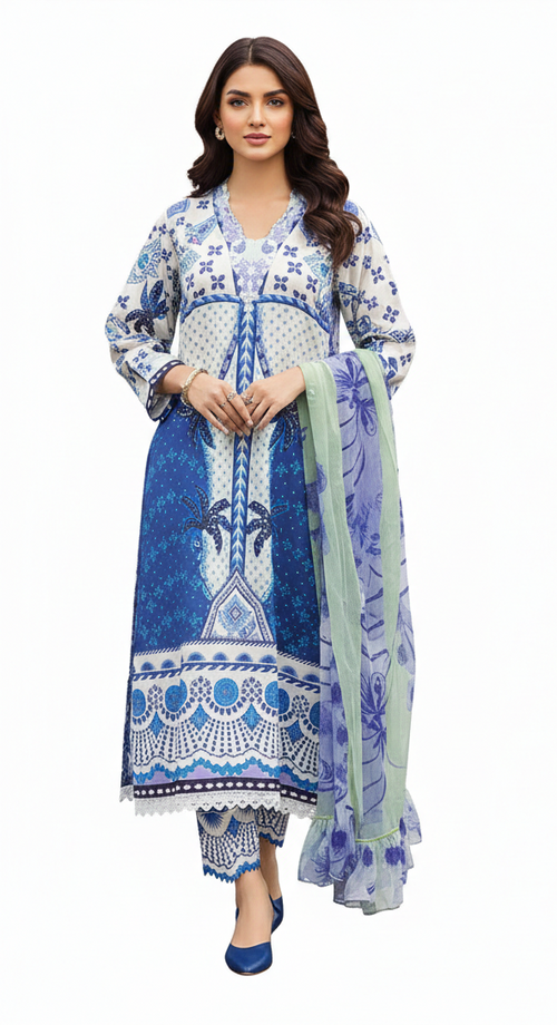 Woman wearing a blue and white patterned dress with a scarf on a white background