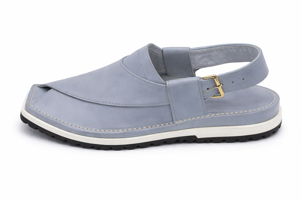 Side view of Dawal grey Peshawari chappal with white mid sole and black tyre outsole