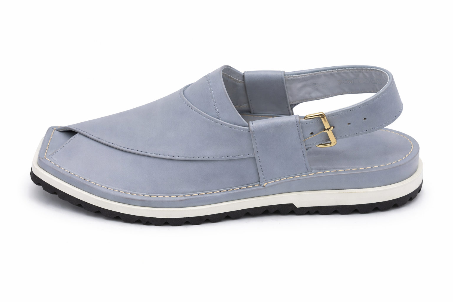 Side view of Dawal grey Peshawari chappal with white mid sole and black tyre outsole