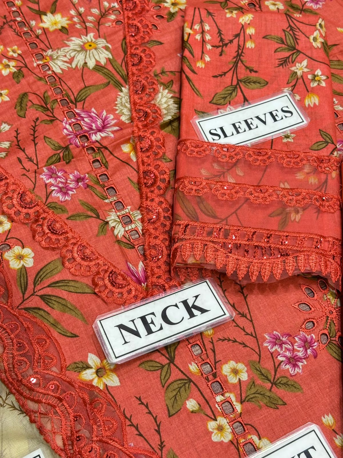 Terracotta Bloom: Hand-Crafted Floral Lawn 3-Piece Suite with Digital Printed Silk Dupatta