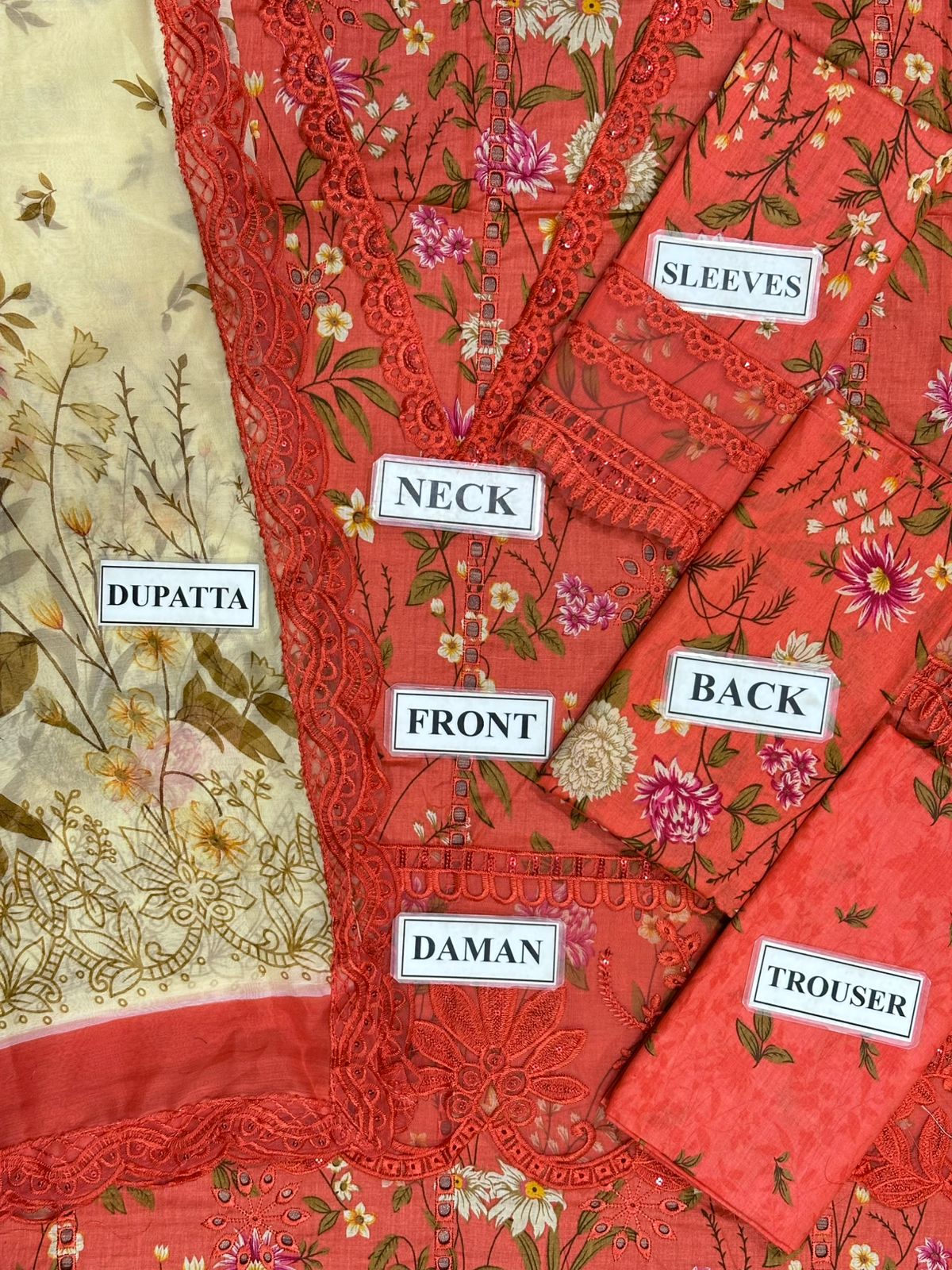 Terracotta Bloom: Hand-Crafted Floral Lawn 3-Piece Suite with Digital Printed Silk Dupatta