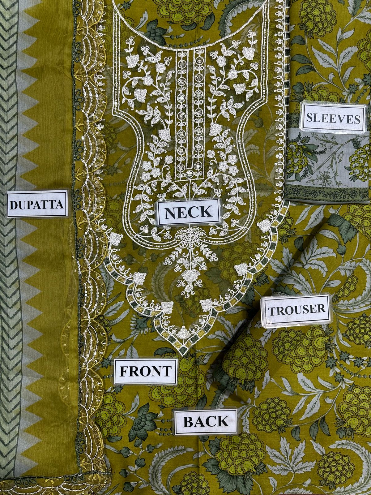 Emerald Moss Heritage Ensemble: 3-Piece Olive Botanical Luxe Suit with Wide-Leg Palazzos