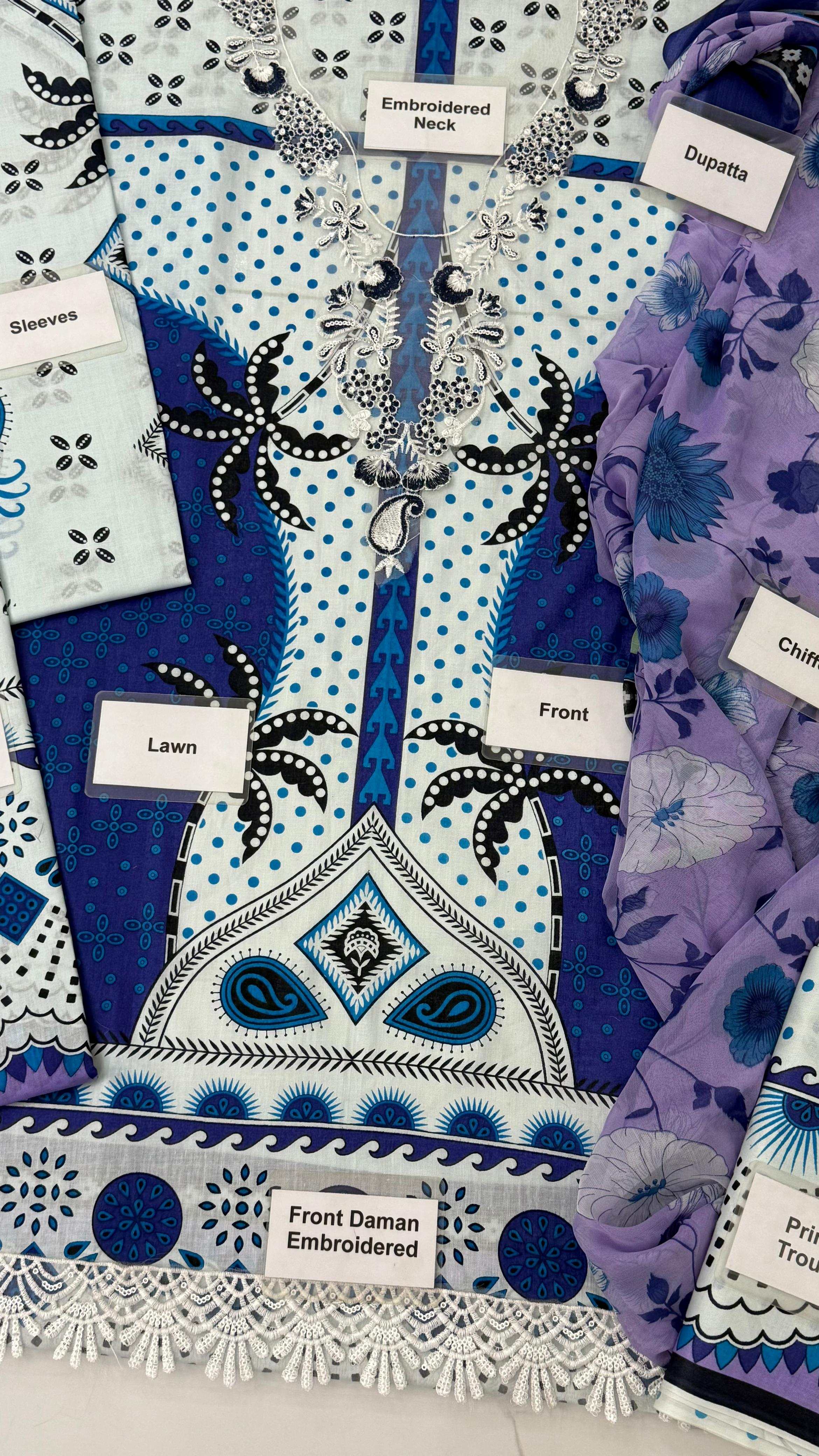 Cerulean Sea: Azure Mosaic 3-Piece Lawn Set with Frill-Edge Chiffon Dupatta