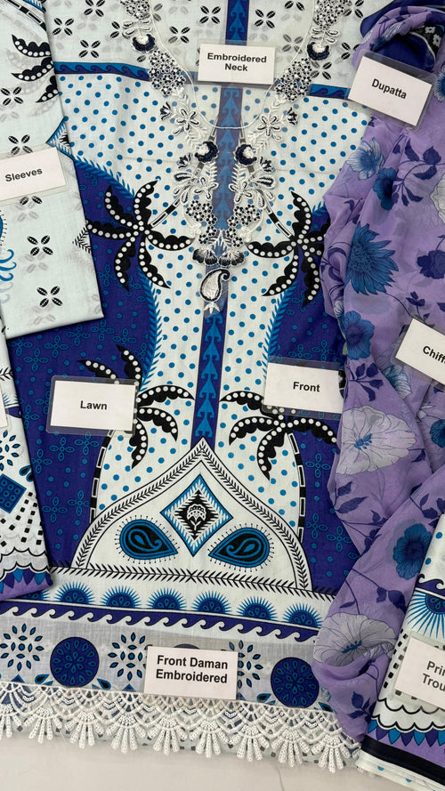 Cerulean Sea: Azure Mosaic 3-Piece Lawn Set with Frill-Edge Chiffon Dupatta