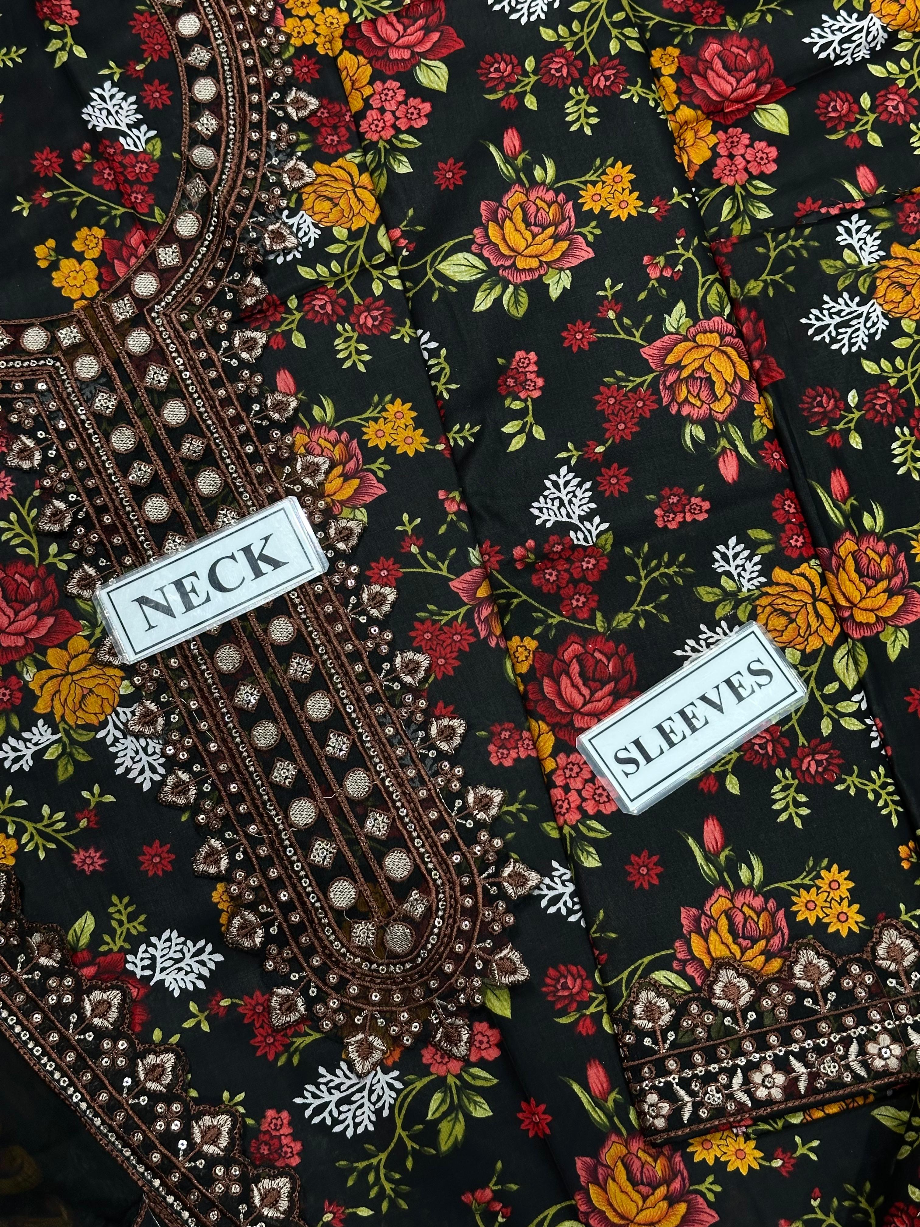 Indigo Mosaic: Artisanal Midnight Blue 3-Piece Lawn Suite with Tiered Ruffle Chiffon Dupatta