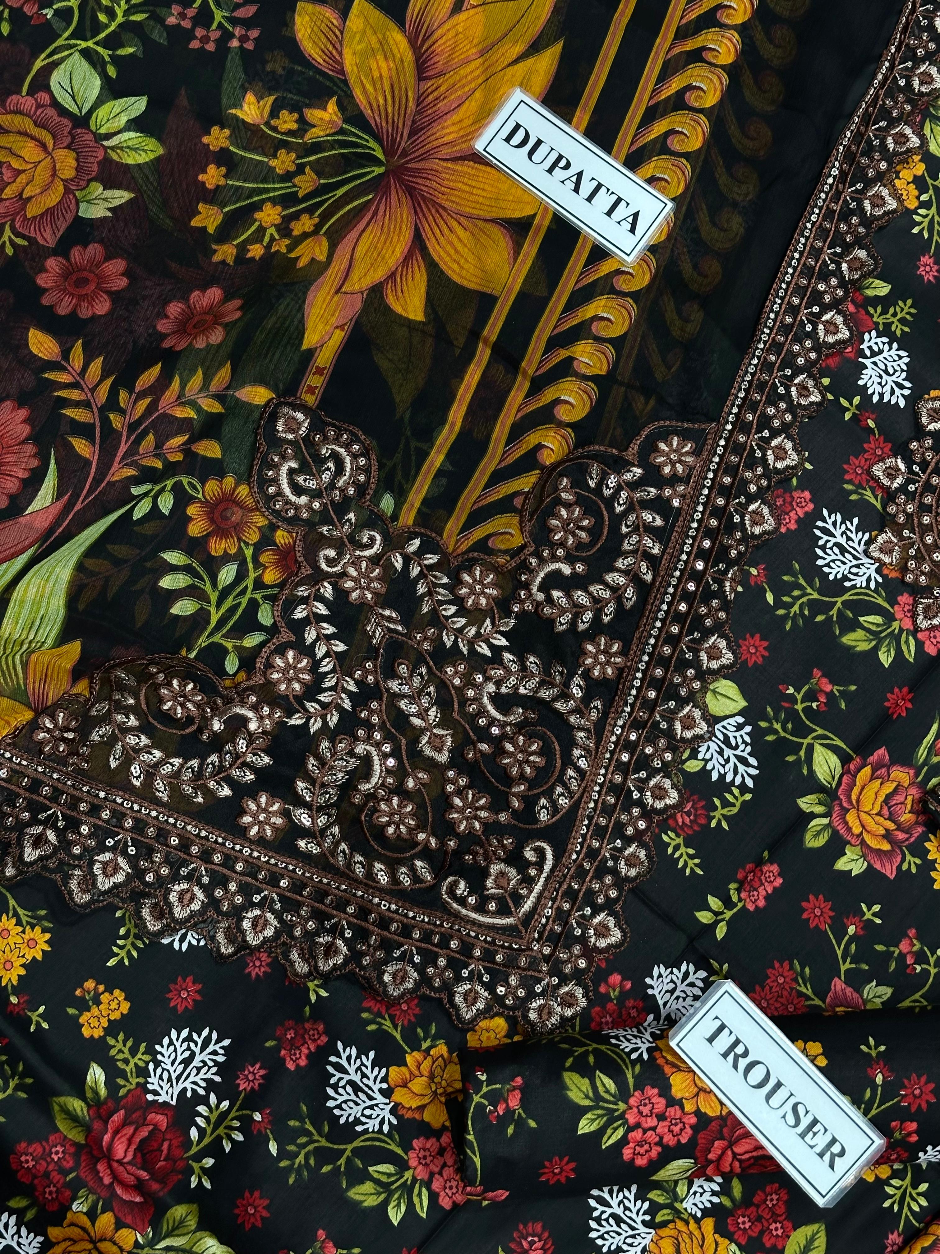 Indigo Mosaic: Artisanal Midnight Blue 3-Piece Lawn Suite with Tiered Ruffle Chiffon Dupatta