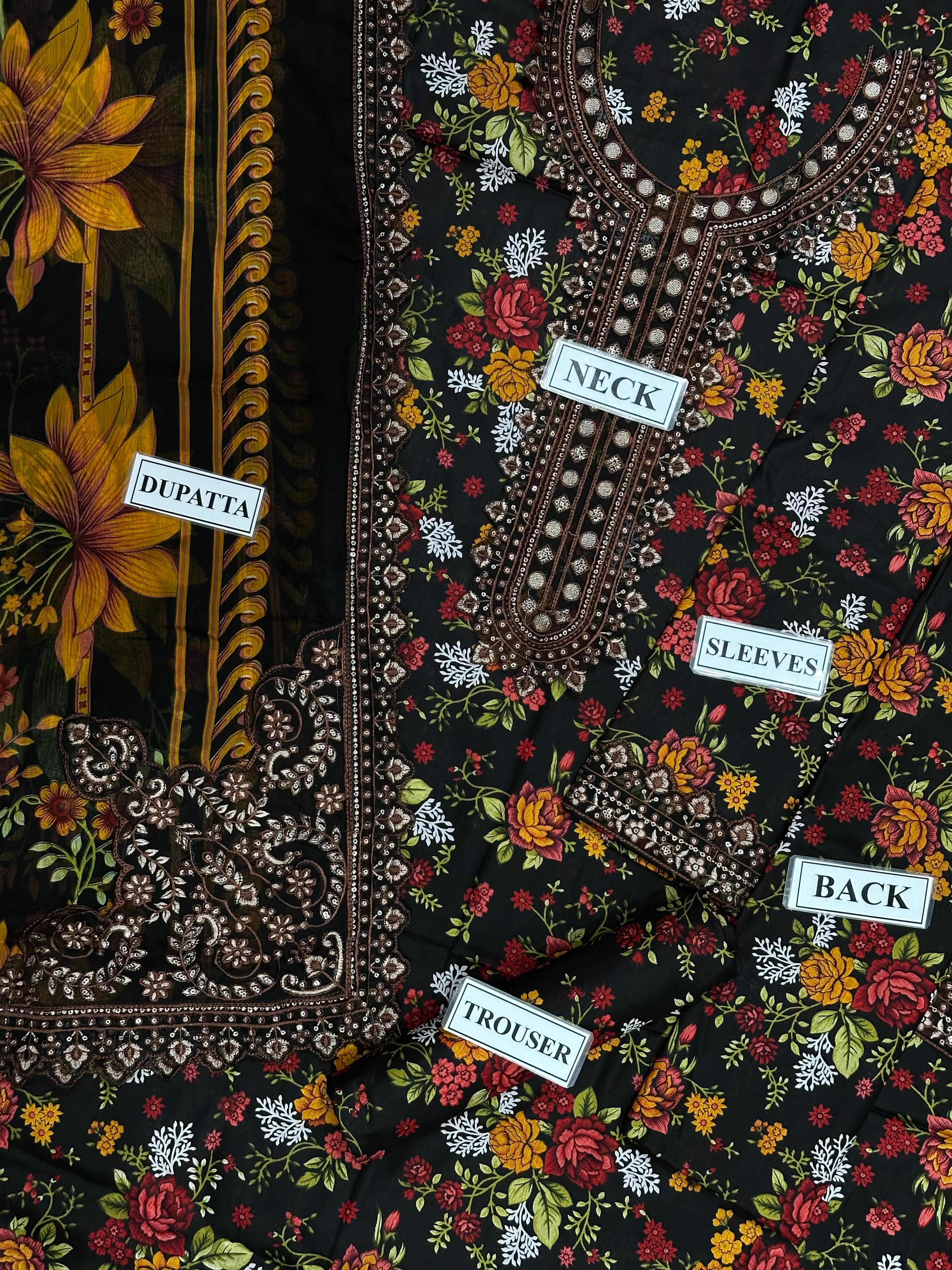 Indigo Mosaic: Artisanal Midnight Blue 3-Piece Lawn Suite with Tiered Ruffle Chiffon Dupatta