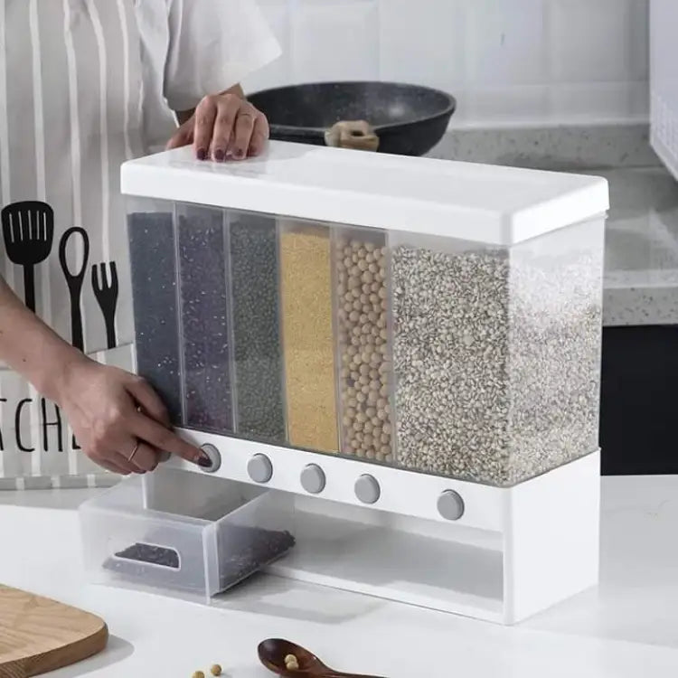 Modern kitchen storage container with multiple compartments for different types of grains or cereals